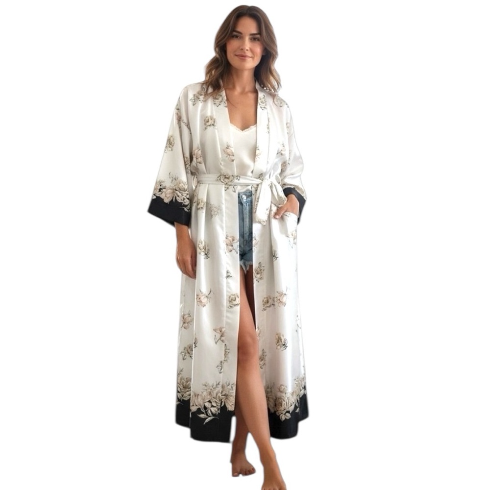 DENTELLE Silk Printed Robe Fine Luxury Belted Full Length Ivory Floral Black N…